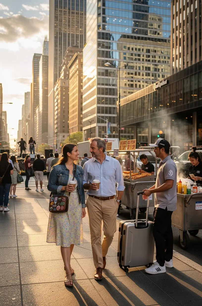 Путешественник в центре города США с легкой сумкой, наслаждающийся свободой без багажа благодаря услуге доставки в тот же день. Курьер с фирменным рюкзаком доставляет багаж от отеля к туристической достопримечательности в оживленном городском пейзаже. Карта города с отмеченными отелями и туристическими местами, иллюстрирующая маршруты быстрой доставки багажа для комфортного путешествия.